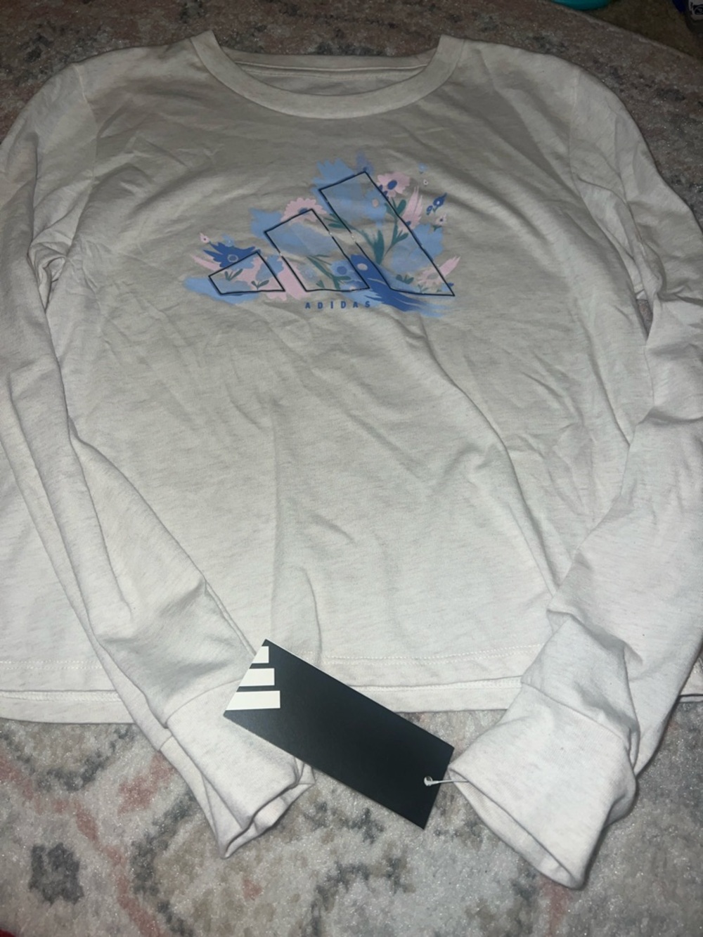 adidas cream Long Sleeve Tee with Pastel Blue and Pink Logo